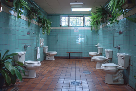 Public restroom interior with multiple toilets and green plants. Tiled bathroom design with natural light from window. Interior design concept for posters, print, and bannerの素材