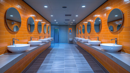 A clean, modern public restroom featuring bright orange tiles and sleek design elements, reflecting contemporary architectural styleの素材