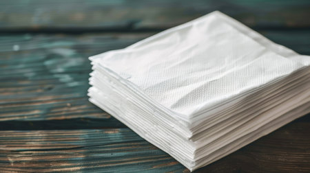 Stack of white paper napkins on rustic wooden table. Close-up product shot with copy space. Table setting and restaurant concept for design and printの素材