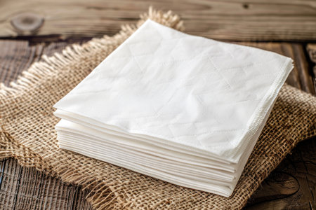 A neat stack of white napkins set against a rustic textured surface, evoking a sense of cleanliness and orderの素材
