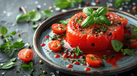 Fresh stuffed tomato on plate with herbs and spices. Gourmet food and healthy eating concept. Macro shot with focus on tomato. Design for recipe book, restaurant menu, food blogの素材