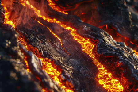 Lava flow texture close-up. Detail of molten volcanic rock. Nature's force and geology concept isolated shot. Macro shot of earth's raw power for educational and design useの素材