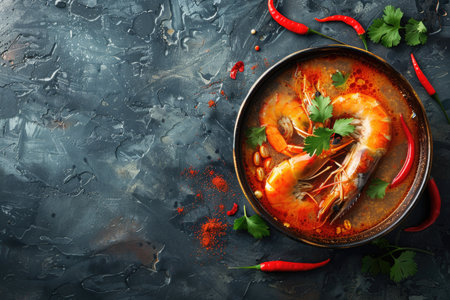 Spicy shrimp soup in a dark bowl. Traditional cuisine and gourmet food concept. Culinary arts and design for restaurant menuの素材