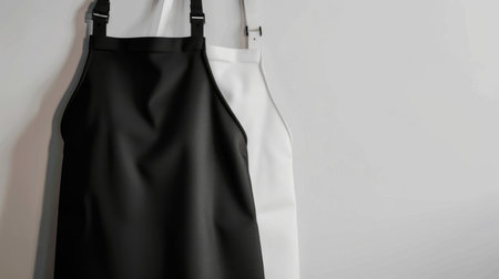Black and white aprons hanging on wall. Minimalist product display with copy space. Kitchen apparel concept for design and printの素材