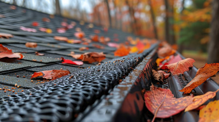 Autumn leaves on a roof gutter guard, close-up. Seasonal home maintenance and fall concept. Roofing protection from leaf clog. Macro shot with selective focusの素材