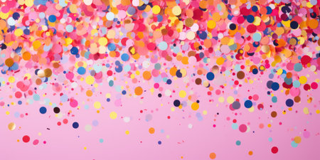 A vibrant explosion of multicolored confetti against a soft pink background, embodying celebrationの素材