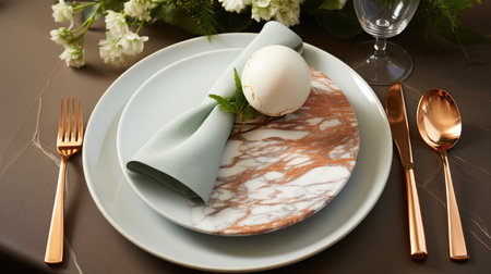 Marble pattern plate with copper cutlery and floral arrangement on a wooden table. Flat lay composition with copy space for design and print.の素材