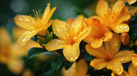 Yellow flowers with water droplets on petals. Macro shot with bokeh background. Spring nature and freshness concept for design and print. Close-up view with copy spaceの素材