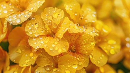Close-up of yellow flowers with water droplets. Macro shot with focus on floral detailsの素材