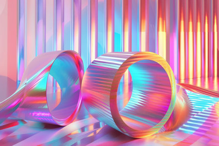 Reflective metallic rings with holographic effect on a colorful striped background. Modern abstract design concept for design and print.の素材