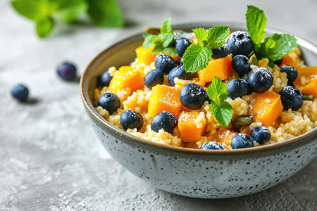 Millet porridge with blueberries, pumpkin and mango in a bowlの素材
