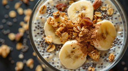 Chia pudding with banana, granola and cinnamon, healthy breakfast and dinnerの素材