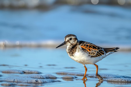 Black - tailed Godwit, Limosa limosa, birds feeding on the beach at low tideの素材