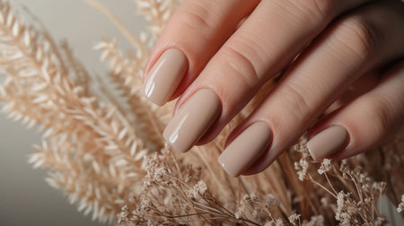 Photos of the design of beige square nails on the hands, advertising the color of the nailsの素材