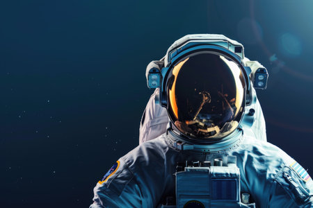 Astronaut in suit with reflective visor. Studio portrait with dark background. Space exploration and technology concept for design and printの素材