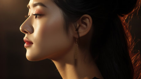Close-up profile of an Asian woman with a sparkling earring, warm tonesの素材