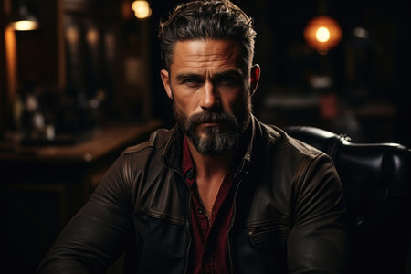 Intense stare of a bearded man in a leather jacket against a dark bar backdropの素材