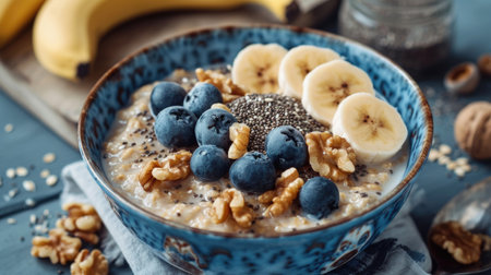 Oatmeal porridge with walnuts, banana, blueberries, chia seeds for a healthy breakfastの素材