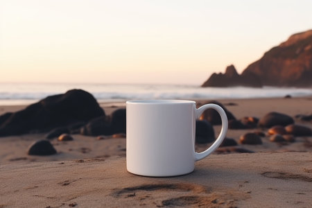 White enamel cup mockup, blank coffee mug with sea view on background, campfire cup mock up, camping, wanderlust, travel designの素材