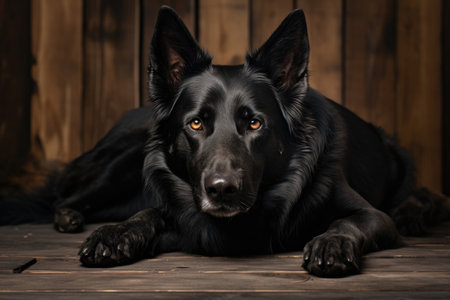 A black dog with shiny fur and alert gaze lies on a wooden floor, embodying loyalty and calmnessの素材