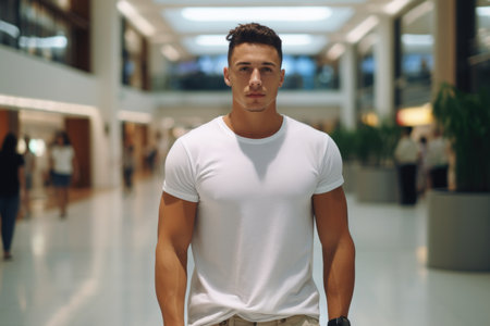 Man wearing a white t-shirt standing confidently in a shopping mall. Fashion and lifestyle concept. Design for clothing apparel, casual style, and urban lifeの素材