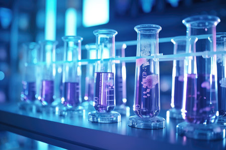 Row of test tubes filled with blue liquid in a labの素材