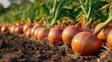 Onions with green feathers are lying on the groundの素材