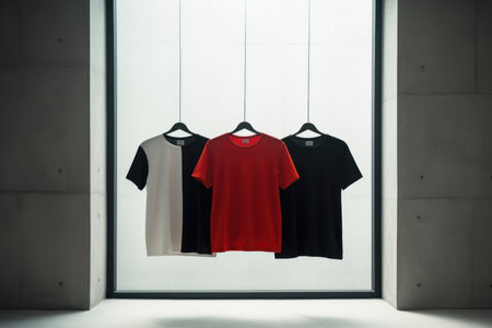 Black, red, and white t-shirts hanging in a stylish store windowの素材