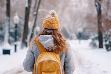 Rear view of a woman walking in a snowy park, wearing a yellow beanieの素材