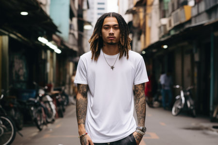 Man with tattoos wearing white t-shirt standing in urban alley. Street fashion and lifestyle concept.の素材