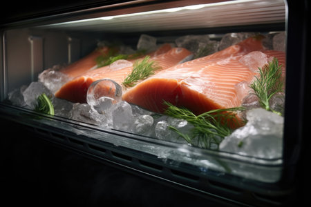 Fresh salmon fillets on ice, garnished with dill in a displayの素材