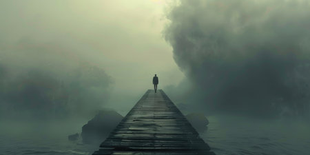 Solitary figure on a foggy pier. Mysterious and atmospheric landscape with dense fog. Loneliness and contemplation concept for poster and wallpaper. Moody scene with copy spaceの素材