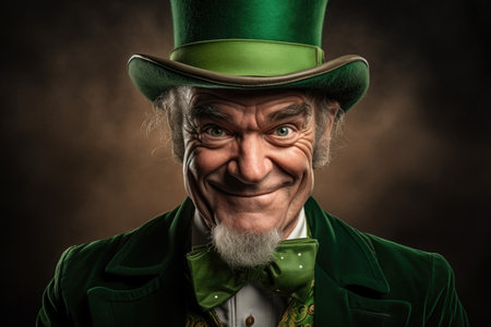 Man in green leprechaun costume with a mischievous expression. St. Patrick's Day and Irish folklore concept. Design for greeting card, invitationの素材