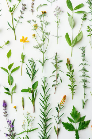 Assorted fresh green leaves and white flowers flat lay. Botanical collection on a white background. Natural plant variety, herbal medicine concept.の素材