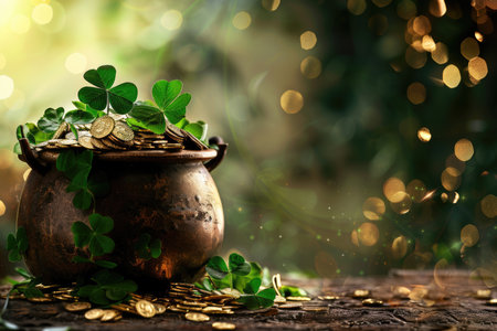 Pot of gold coins surrounded by clovers on mossy ground. Magical St. Patrick's Day concept with sunlight bokeh for greeting card designの素材