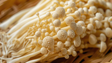 Cluster of enoki mushrooms with white stems and caps on a natural textured surface. Macro photography with focus on mycological details. Design for recipe and culinary conceptsの素材