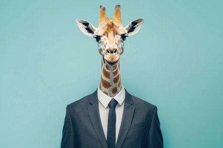 Giraffe with a human body in a business suit on a turquoise background. Conceptual studio portrait with copy space for design and advertisingの素材
