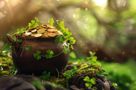 Pot of gold coins surrounded by clovers on mossy ground. Magical St. Patrick's Day concept with sunlight bokeh for greeting card designの素材