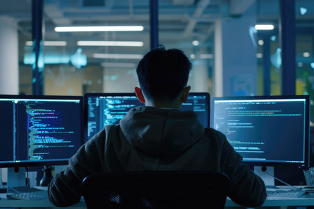 Male programmer coding in a dark room with dual monitors. Professional workspace and technology conceptの素材