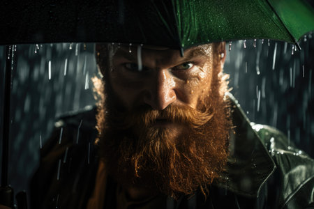 Bearded man under green umbrella in the rain. Dramatic portrait with copy space. Gritty atmosphere and resilience concept for design and printの素材