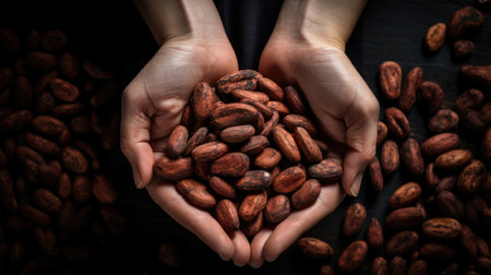 Hands holding cocoa beans. Close-up shot for chocolate production and agricultural concept. The concept of increasing the price of cocoa beans. Design for educational content, banner, posterの素材