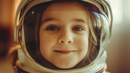 Joyful young girl wearing astronaut helmet. Imaginative play concept for design and print. Close-up indoor portrait with warm lightingの素材