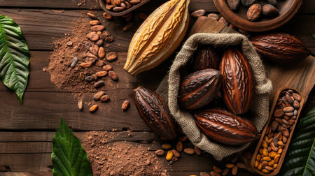 Cacao beans, cocoa powder, and cocoa pods on wooden surface. Food photography with top view. The concept of rising prices for cocoa beans. Chocolate production and dessert ingredient conceptの素材