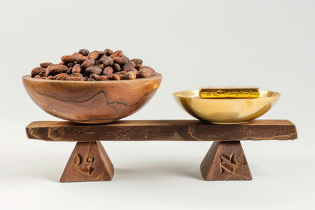 Cocoa beans in a wooden bowl and golden spoon on a wooden stand isolated on white background. The concept of rising prices for cocoa beansの素材