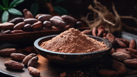 Cocoa powder in a bowl surrounded by cocoa beans. Close-up with selective focus. Ingredient and raw food concept for design and education. The concept of rising prices for cocoa beansの素材