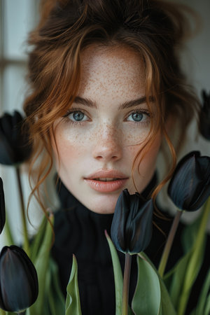 Woman with freckles surrounded by black tulip. Close-up beauty portrait with flowers. Beauty and skincare concept for design and print. Macro shot with copy spaceの素材