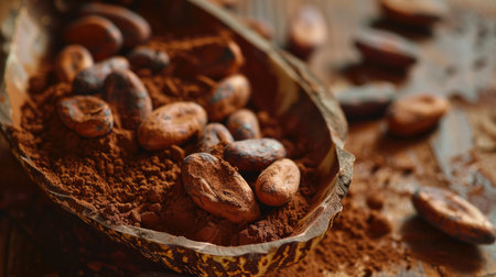 Cocoa beans and cocoa powder in a rustic bowl. Macro shot with selective focus. Chocolate production and culinary concept for recipe and food blog. The concept of rising prices for cocoa beansの素材