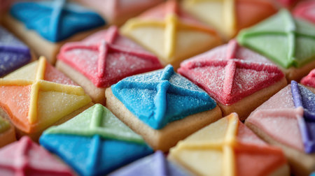 Colorful sugar-coated cookies. Triangular iced pastries in a variety of colors. Sweet treats and bakery conceptの素材