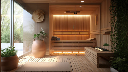 Modern sauna interior design with natural light. Wellness and relaxation concept. Design for health and wellness magazine, architectural digestの素材