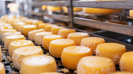 Cheese production in production. Assorted Cheese Wheels on Shelves in Cheese Shopの素材